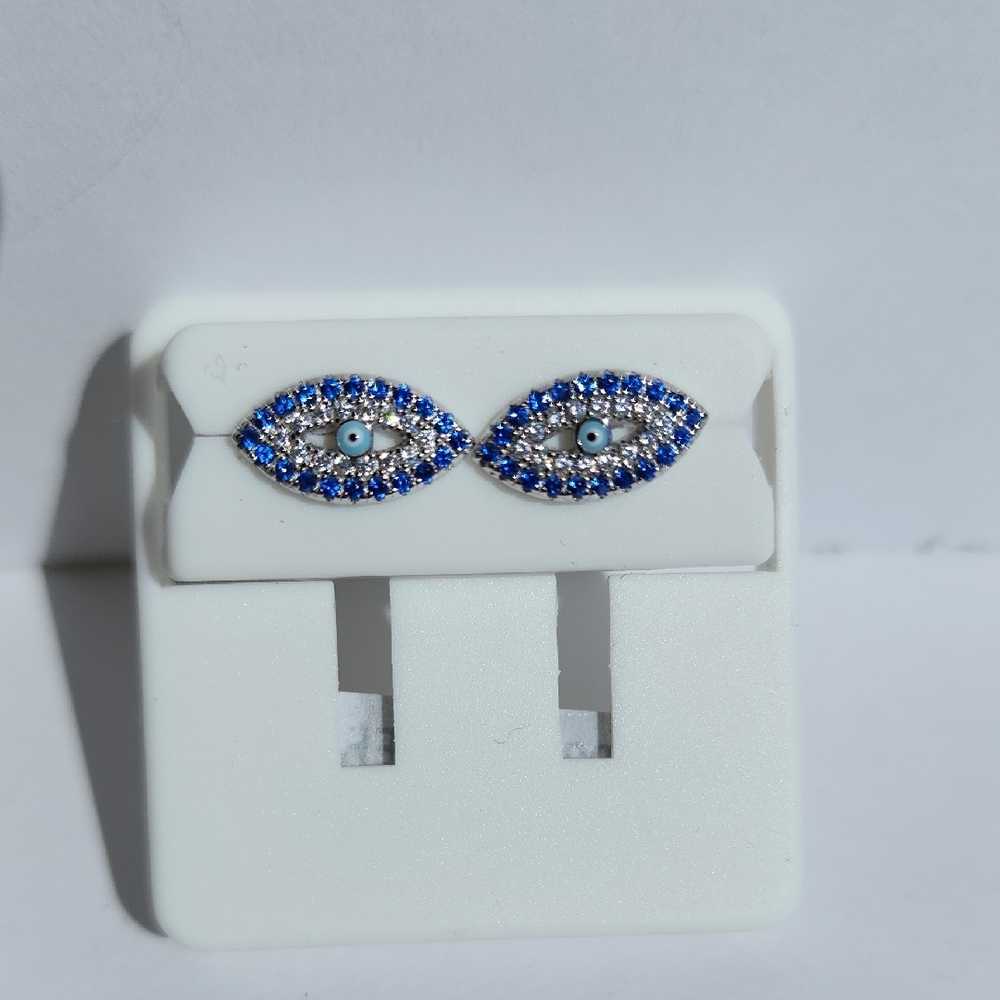 Blue Evil Eye Women's Sterling Silver 925 Cubic Zirconia Studded Earrings - Picture 4 of 5